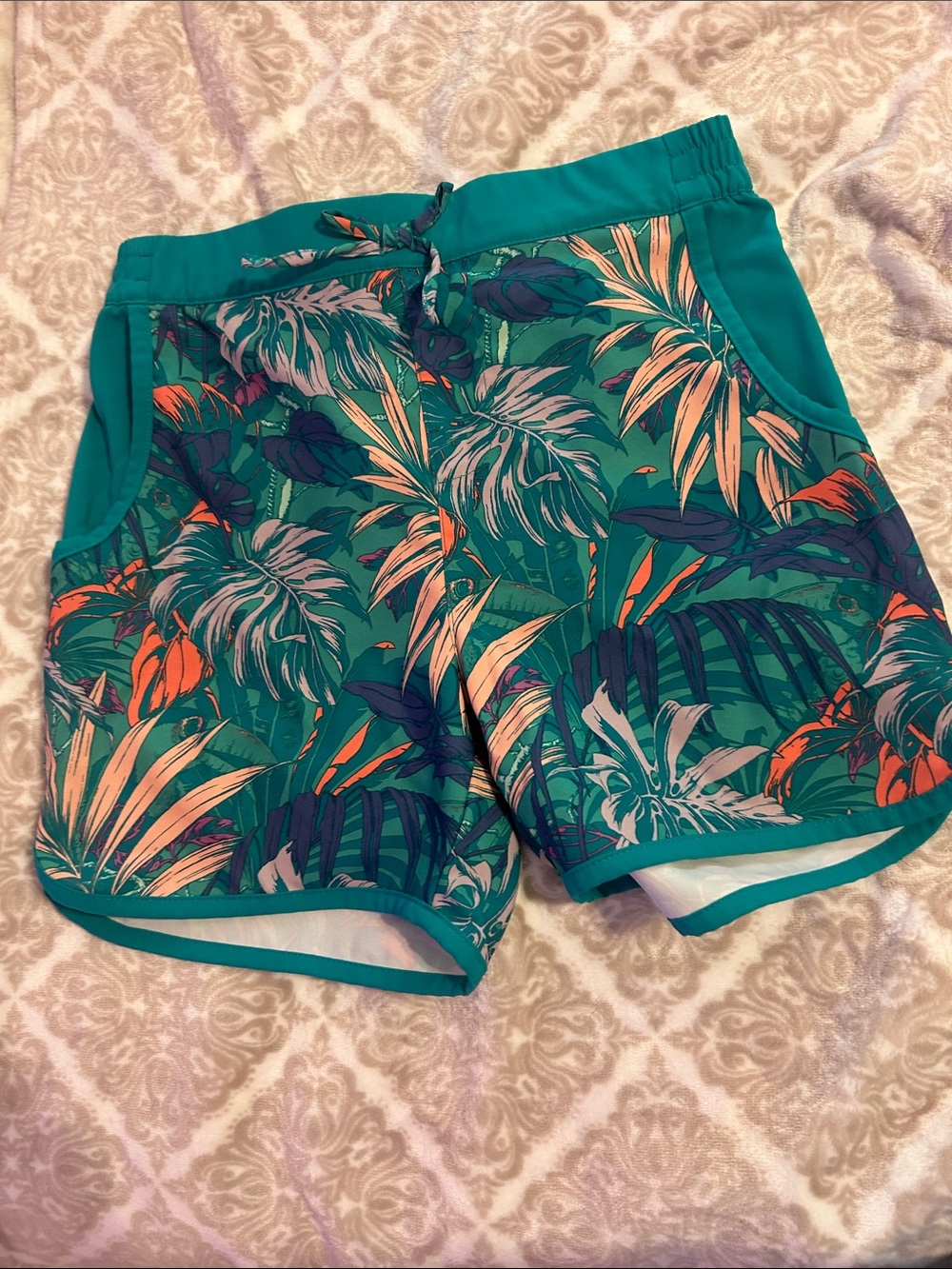 Girls' Columbia Teal Tropical Print Active Shorts with Elastic Waistband